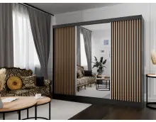 Czarna, pojemna szafa 3-drzwiowa, przesuwana 250cm ASPE 8  z lustrem i lamelami w kolorze wotan